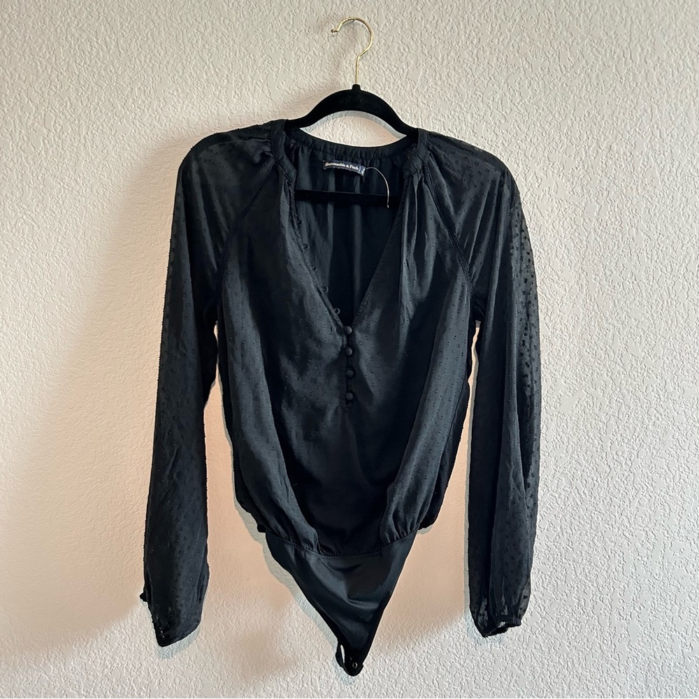 Abercrombie & Fitch Black Long sleeve Clip dot Bodysuit Small Swiss Dot Sheer